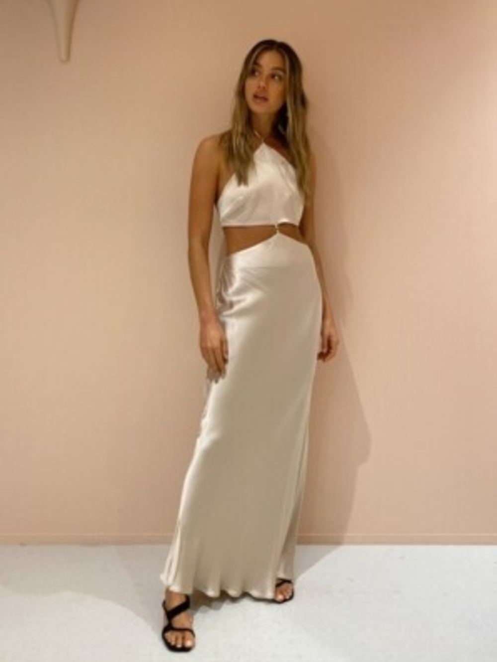 Cream Satin Halter Maxi Dress with Waist Cutout